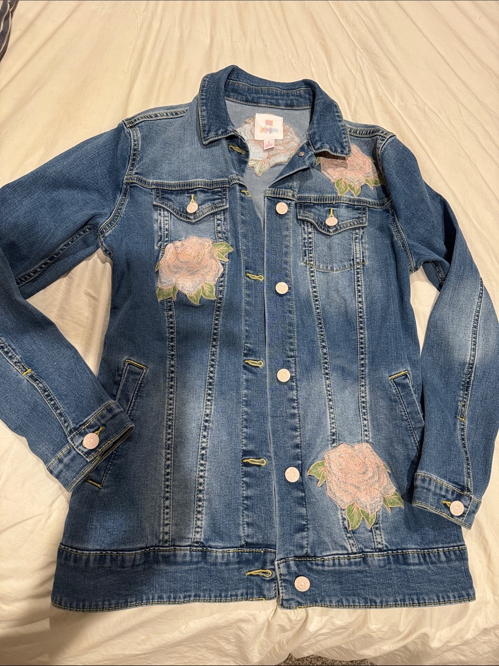LuLaRoe Blue Denim Jacket with Pink Rose Embroidery - Jaxon Style